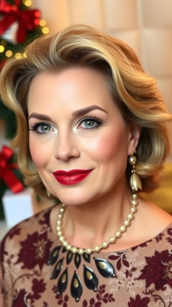 Elegant Christmas party makeup for women over 40, showcasing a radiant face, neutral eyes, and bold red lips.
